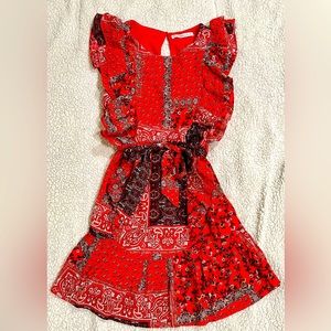 Frilly Red/Multicolored Tie Waist Dress